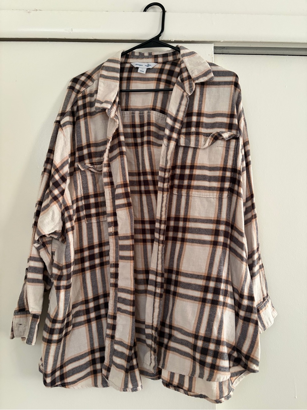 Old Navy Plaid Boyfriend Shirt in Cream, Brown & Black
